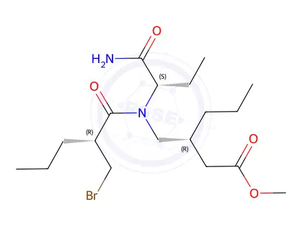 Chemical structure of (R)-methyl 3-(((R)-N-((S)-1-amino-1-oxobutan-2-yl)-2-(bromomethyl)pentanamido)methyl)hexanoate