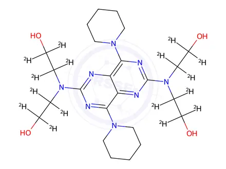 Chemical structure of 2,2',2'',2'''-((4,8-di(piperidin-1-yl)pyrimido[5,4-d]pyrimidine-2,6-diyl)bis(azanetriyl))tetrakis(ethan-1,1,2,2-d4-1-ol)