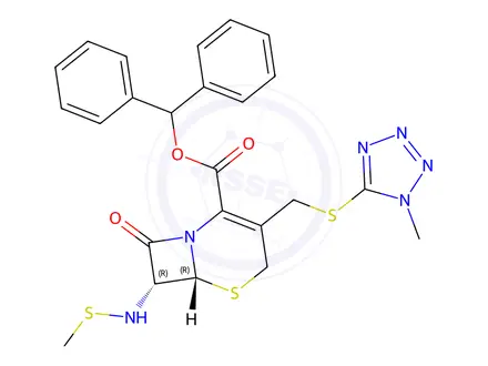 Chemical structure of (6R,7R)-benzhydryl 3-(((1-methyl-1H-tetrazol-5-yl)thio)methyl)-7-((methylthio)amino)-8-oxo-5-thia-1-azabicyclo[4.2.0]oct-2-ene-2-carboxylate