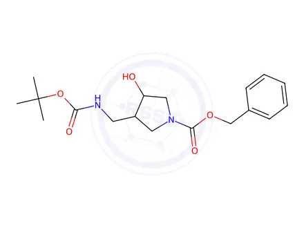 Chemical structure of BENZYL 3-((TERT-BUTOXYCARBONYLAMINO)METHYL)-4-HYDROXYPYRROLIDINE-1-CARBOXYLATE