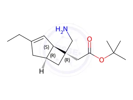 Chemical structure of tert-Butyl 2-((1R,5S,6R)-6-(aminomethyl)-3-ethylbicyclo[3.2.0]hept-3-en-6-yl)acetate