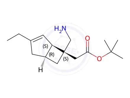 Chemical structure of tert-Butyl 2-((1R,5S,6S)-6-(aminomethyl)-3-ethylbicyclo[3.2.0]hept-3-en-6-yl)acetate