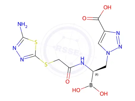 Chemical structure of (R)-1-(2-(2-((5-Amino-1,3,4-thiadiazol-2-yl)thio)acetamido)-2-boronoethyl)-1H-1,2,3-triazole-4-carboxylic Acid