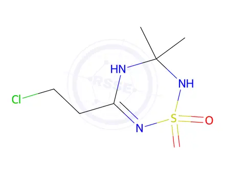 Chemical structure of 5-(2-chloroethyl)-3,3-dimethyl-3,4-dihydro-2H-1,2,4,6-thiatriazine 1,1-dioxide
