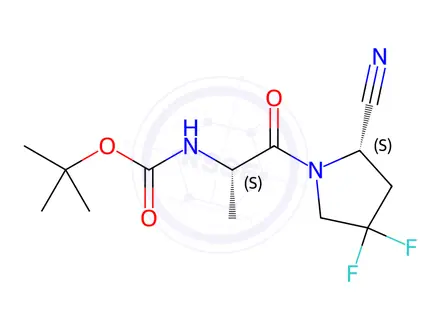 Chemical structure of Carbamic acid, N-[(1S)-2-[(2S)-2-cyano-4,4-difluoro-1-pyrrolidinyl]-1-methyl-2-oxoethyl]-, 1,1-dimethylethyl ester