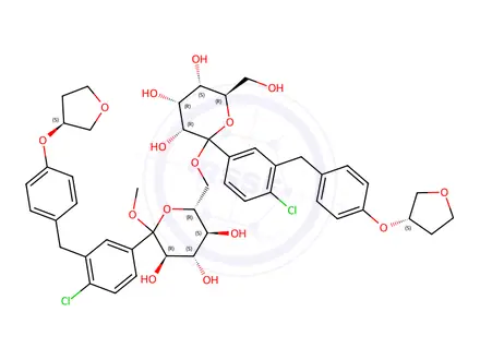 Chemical structure of (3R,4S,5S,6R)-2-(4-Chloro-3-(4-(((S)-tetrahydrofuran-3-yl)oxy)benzyl)phenyl)-6-((((3R,4S,5S,6R)-2-(4-chloro-3-(4-(((S)-tetrahydrofuran-3-yl)oxy)benzyl)phenyl)-3,4,5-trihydroxy-6-(hydroxymethyl)tetrahydro-2H-pyran-2-yl)oxy)methyl)-2-methoxytetrahydro-2H-pyran-3,4,5-triol