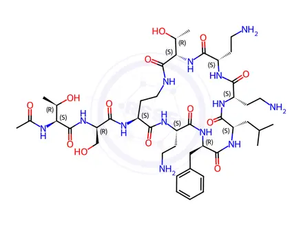 Chemical structure of (2S,3R)-2-Acetamido-3-hydroxy-N-((R)-3-hydroxy-1-oxo-1-(((3S,6S,9S,12S,15R,18S,21S)-6,9,18-tris(2-aminoethyl)-15-benzyl-3-((R)-1-hydroxyethyl)-12-isobutyl-2,5,8,11,14,17,20-heptaoxo-1,4,7,10,13,16,19-heptaazacyclotricosan-21-yl)amino)propan-2-yl)butanamide