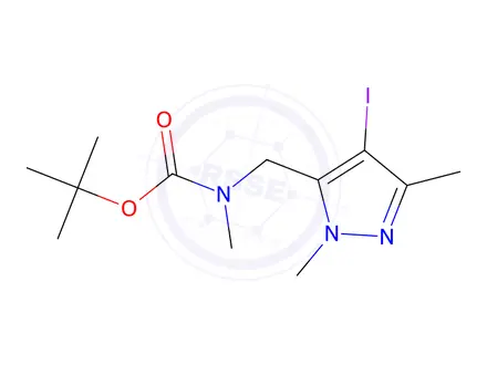Chemical structure of Tert-butyl ((4-iodo-1,3-dimethyl-1H-pyrazol-5-yl)methyl)(methyl)carbamate
