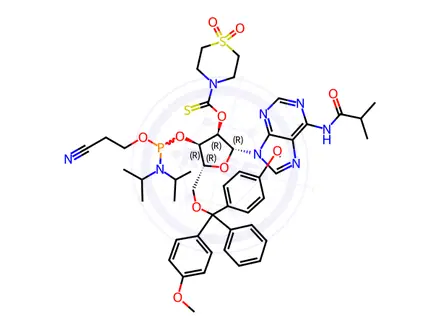 Chemical structure of Adenosine, 5'-O-[bis(4-methoxyphenyl)phenylmethyl]-N-(2-methyl-1-oxopropyl)-, 3'-[2-cyanoethyl N,N-bis(1-methylethyl)phosphoramidite] 2'-(1,1-dioxido-4-thiomorpholinecarbothioate)