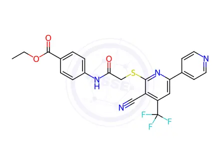 Chemical structure of Ethyl 4-(2-((5-cyano-4-(trifluoromethyl)-[2,4'-bipyridin]-6-yl)thio)acetamido)benzoate