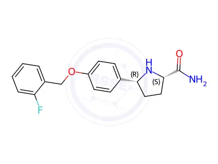 Chemical structure of (5R)-5-(4-{[(2-fluorophenyl)methyl]oxy}phenyl)-L-prolinamide