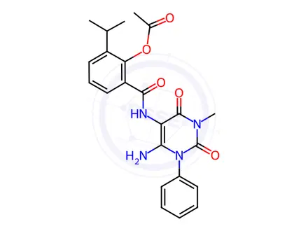 Chemical structure of Benzamide, 2-(acetyloxy)-N-(6-amino-1,2,3,4-tetrahydro-3-methyl-2,4-dioxo-1-phenyl-5-pyrimidinyl)-3-(1-methylethyl)-
