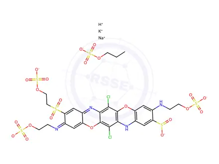 Chemical structure of Ethanol, 2,2-6,13-dichloro-3,10-bis2-(sulfooxy)ethylaminotriphenodioxazinediylbis(sulfonyl)bis-, bis(hydrogen sulfate) (ester), potassium sodium salt
