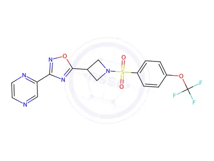 Chemical structure of 3-(Pyrazin-2-yl)-5-(1-((4-(trifluoromethoxy)phenyl)sulfonyl)azetidin-3-yl)-1,2,4-oxadiazole