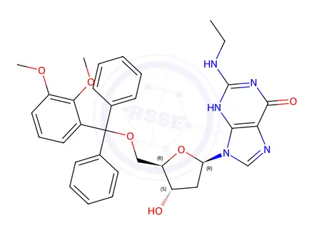 Chemical structure of 2-(Benzylamino)-9-((2R,4S,5R)-5-((bis(4-methoxyphenyl)(phenyl)methoxy)methyl)-4-hydroxytetrahydrofuran-2-yl)-1H-purin-6(9H)-one