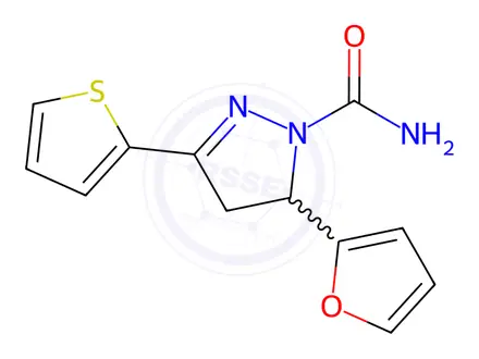 Chemical structure of 5-(Furan-2-yl)-3-(thiophen-2-yl)-4,5-dihydro-1H-pyrazole-1-carboxamide