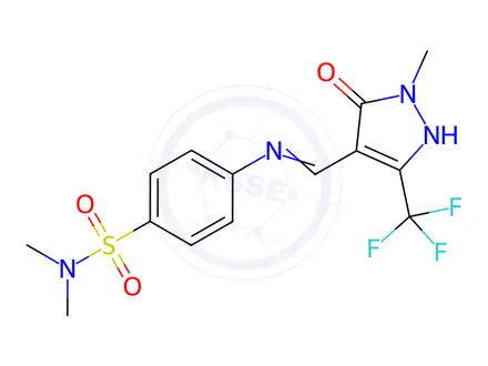 Chemical structure of N,N-dimethyl-4-(((2-methyl-3-oxo-5-(trifluoromethyl)-2,3-dihydro-1H-pyrazol-4-yl)methylene)amino)benzenesulfonamide