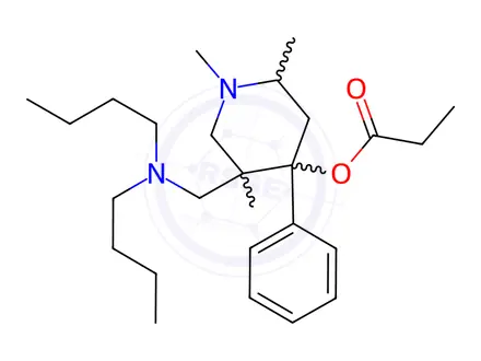 Chemical structure of [5-[(dibutylamino)methyl]-1,2,5-trimethyl-4-phenyl-4-piperidyl] propanoate dihydrochloride