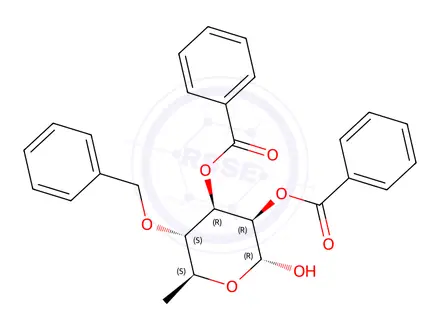 Chemical structure of (2R,3R,4R,5S,6S)-5-(benzyloxy)-2-hydroxy-6-methyltetrahydro-2H-pyran-3,4-diyl dibenzoate