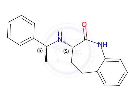 Chemical structure of (S)-3-(((S)-1-Phenylethyl)amino)-1,3,4,5-tetrahydro-2H-benzo[b]azepin-2-one