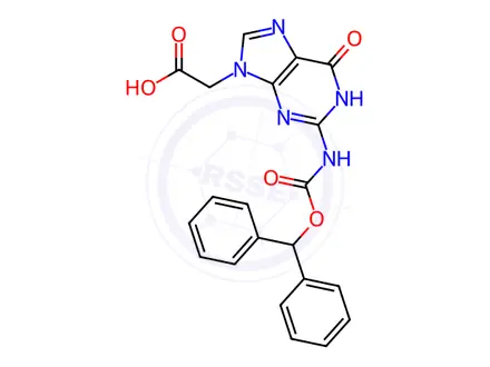 Chemical structure of (2-Benzhydryloxycarbonylamino-6-oxo-1,6-dihydro purin-9-yl)acetic acid