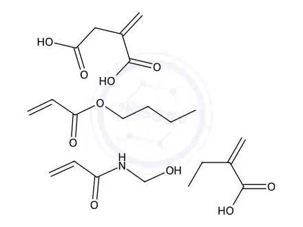 Chemical structure of Butanedioic acid, 2-methylene-, polymer with butyl 2-propenoate, ethyl 2-propenoate and N-(hydroxymethyl)-2-propenamide