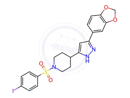 Chemical structure of 4-[5-(1,3-benzodioxol-5-yl)-1H-pyrazol-3-yl]-1-[(4-iodophenyl)sulfonyl]piperidine