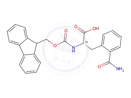 Chemical structure of (S)-2-((((9H-fluoren-9-yl)methoxy)carbonyl)amino)-3-(2-carbamoylphenyl)propanoic acid