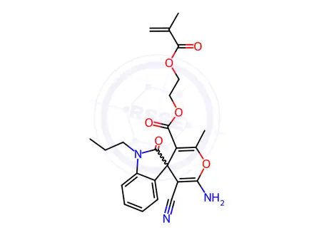 Chemical structure of 2-(2-Methylprop-2-enoyloxy)ethyl 6'-amino-5'-cyano-2'-methyl-2-oxo-1-propylspiro[indole-3,4'-pyran]-3'-carboxylate