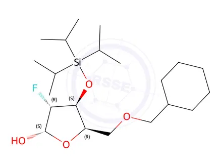 Chemical structure of (2S,3R,4S,5R)-5-(benzyloxymethyl)-3-fluoro-4-triisopropylsilyloxy-tetrahydrofuran-2-ol