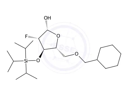 Chemical structure of (2R,3S,4R,5R)-5-(benzyloxymethyl)-3-fluoro-4-triisopropylsilyloxy-tetrahydrofuran-2-ol