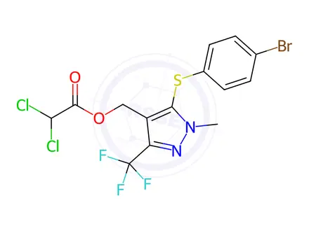 Chemical structure of (5-((4-Bromophenyl)thio)-1-methyl-3-(trifluoromethyl)-1H-pyrazol-4-yl)methyl 2,2-dichloroacetate