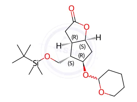 Chemical structure of Corey lactone-4-(tert-Butyldimethylsilyl)oxy)-5-(tetrahydro-2H-pyran-2-yl)-Impurity
