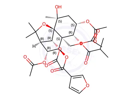 Chemical structure of 3-Furancarboxylic acid, (3R,4R,5R,5aS,6R,7S,9S,9aS,10R)-4,6,7,10-tetrakis(acetyloxy)octahydro-9-hydroxy-2,2,9-trimethyl-5a-[(2-methyl-1-oxopropoxy)methyl]-2H-3,9a-methano-1-benzoxepin-5-yl ester