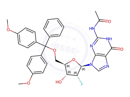 Chemical structure of N2-acetyl-5'-O-(4,4'-dimethoxytrityl)-2'-deoxy-2'-fluoroguanosine