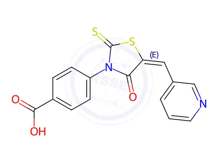 Chemical structure of 4-(4-Oxo-5-(pyridin-3-ylmethylene)-2-thioxothiazolidin-3-yl)benzoic acid