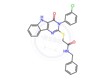 Chemical structure of Acetamide, 2-[[3-(3-chlorophenyl)-4,5-dihydro-4-oxo-3H-pyrimido[5,4-b]indol-2-yl]thio]-N-(phenylmethyl)-