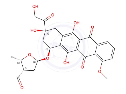 Chemical structure of 7-O-(2,3,5-trideoxy-3-C-formylpentafuranosyl)adriamycinone