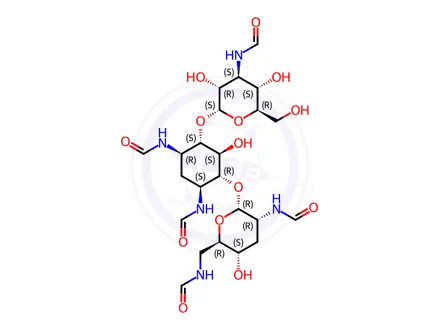 Chemical structure of O-3-Deoxy-3-(formylamino)-α-D-glucopyranosyl-(1→6)-O-[2,3,6-trideoxy-2,6-bis(formylamino)-α-D-ribo-hexopyranosyl-(1→4)]-2-deoxy-N,N'-diformyl-D-streptamine