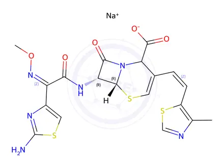 Chemical structure of sodium (6R,7R)-7-((Z)-2-(2-aminothiazol-4-yl)-2-(methoxyimino)acetamido)-3-((Z)-2-(4-methylthiazol-5-yl)vinyl)-8-oxo-5-thia-1-azabicyclo[4.2.0]oct-3-ene-2-carboxylate