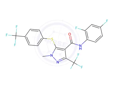 Chemical structure of N-(2,4-difluorophenyl)-1-methyl-3-(trifluoromethyl)-5-((4-(trifluoromethyl)phenyl)thio)-1H-pyrazole-4-carboxamide