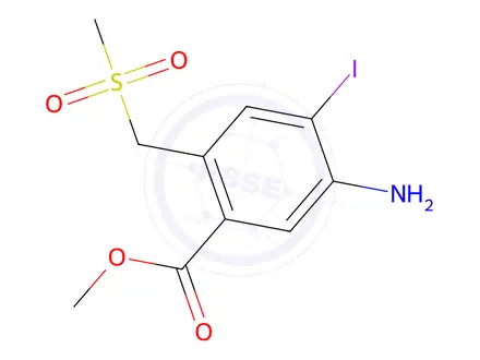 Chemical structure of methyl 5-amino-4-iodo-2-((methylsulfonyl)methyl)benzoate