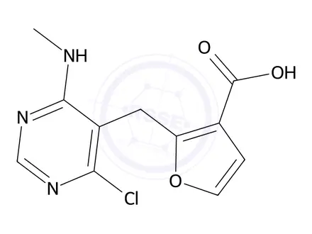 Chemical structure of 2-((4-Chloro-6-(methylamino)pyrimidin-5-yl)methyl)furan-3-carboxylic acid