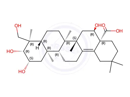 Chemical structure of Olean-13(18)-en-28-oic acid, 2,3,16,23-tetrahydroxy-, (2β,3β,4α,16α)-