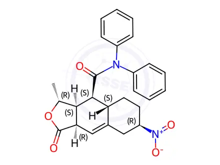 Chemical structure of (3R,3aS,4S,4aS,7R,9aR)-3-Methyl-7-nitro-1-oxo-N,N-diphenyl-1,3,3a,4,4a,5,6,7,8,9a-decahydronaphtho[2,3-c]furan-4-carboxamide