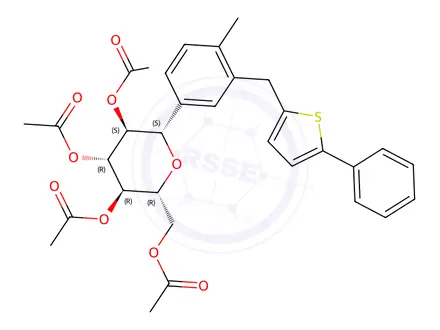 Chemical structure of (2R,3R,4R,5S,6S)-2-(acetoxymethyl)-6-(4-methyl-3-((5-phenylthiophen-2-yl)methyl)phenyl)tetrahydro-2H-pyran-3,4,5-triyl triacetate