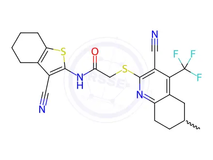 Chemical structure of N-(3-cyano-4,5,6,7-tetrahydrobenzo[b]thiophen-2-yl)-2-((3-cyano-6-methyl-4-(trifluoromethyl)-5,6,7,8-tetrahydroquinolin-2-yl)thio)acetamide