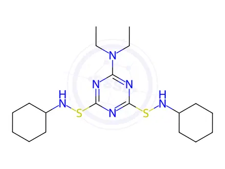 Chemical structure of N,N'-dicyclohexyl-6-(diethylamino)-1,3,5-triazine-2,4-disulphenamide