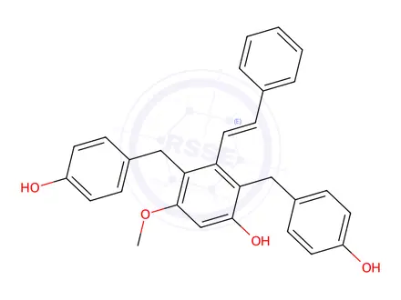Chemical structure of 5-methoxy-3-(2-phenylethenyl)-2,4-bis(4-hydroxybenzyl)phenol
