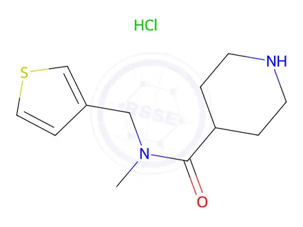 Chemical structure of N-methyl-N-(thiophen-3-ylmethyl)piperidine-4-carboxamide hydrochloride